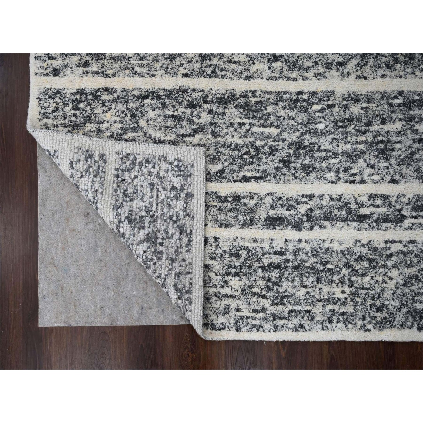 8'2"X9'10" Black And Ivory Modern Striae Design Wool Hand Knotted Rug