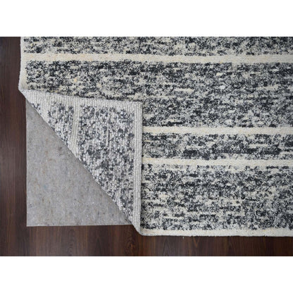 8'2"X9'10" Black And Ivory Modern Striae Design Wool Hand Knotted Rug