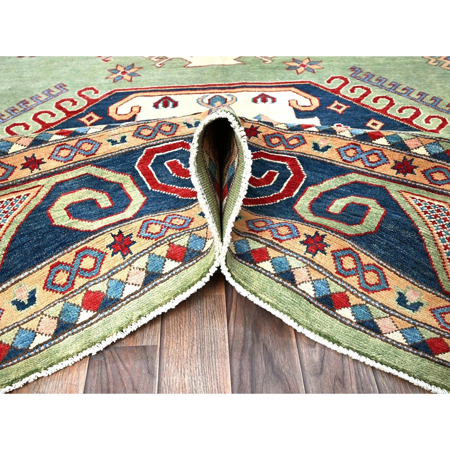 9'2"X11'7" Green Special Kazak Geometric Design Hand Knotted Pure Wool Rug