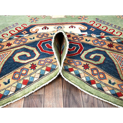 9'2"X11'7" Green Special Kazak Geometric Design Hand Knotted Pure Wool Rug