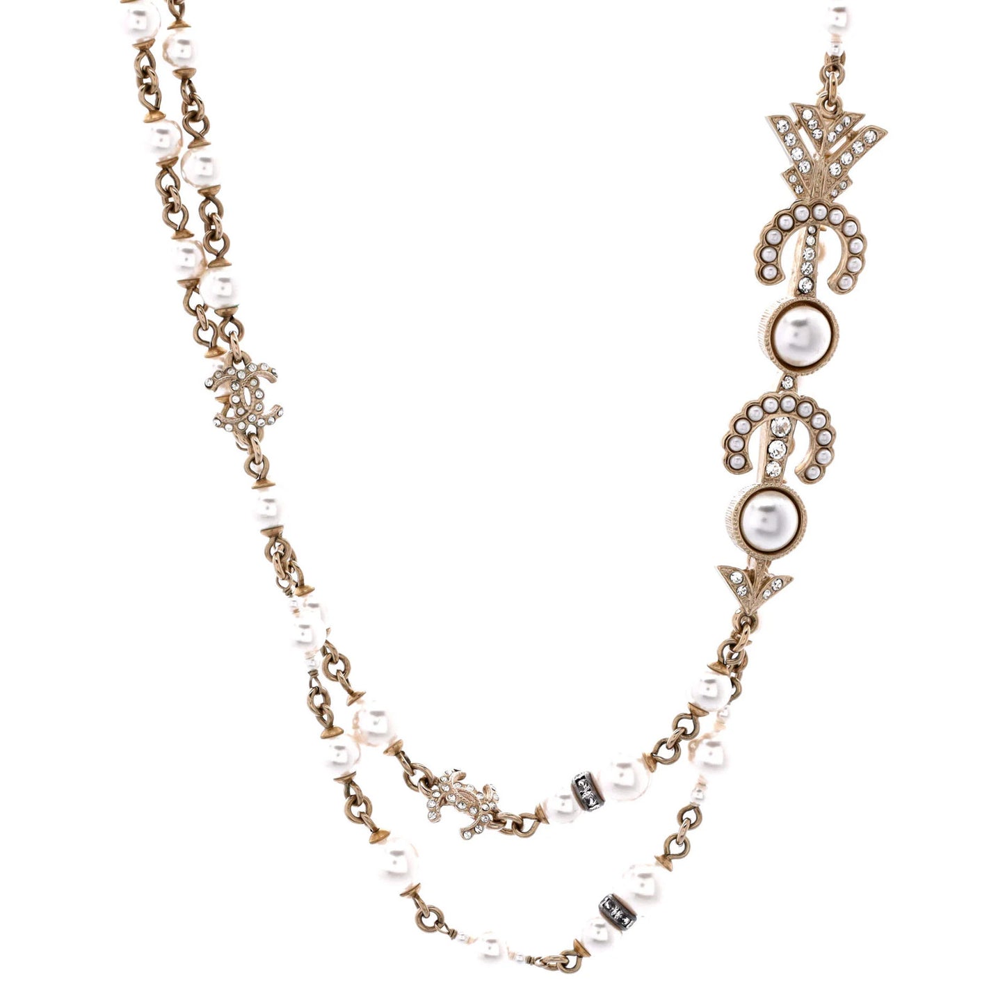 Chanel Coco Arrow Cc Station Long Necklace Metal And Faux Pearls With Crystals