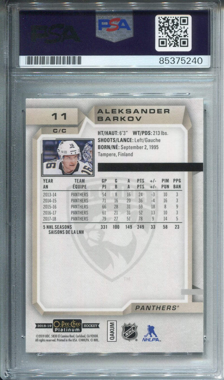 Aleksander Barkov Autographed O-Pee-Chee Card Psa Auto Grade 10