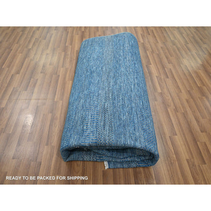 9'X12' Imperial Blue Modern Grass Design Hand Knotted Wool And Silk Rug