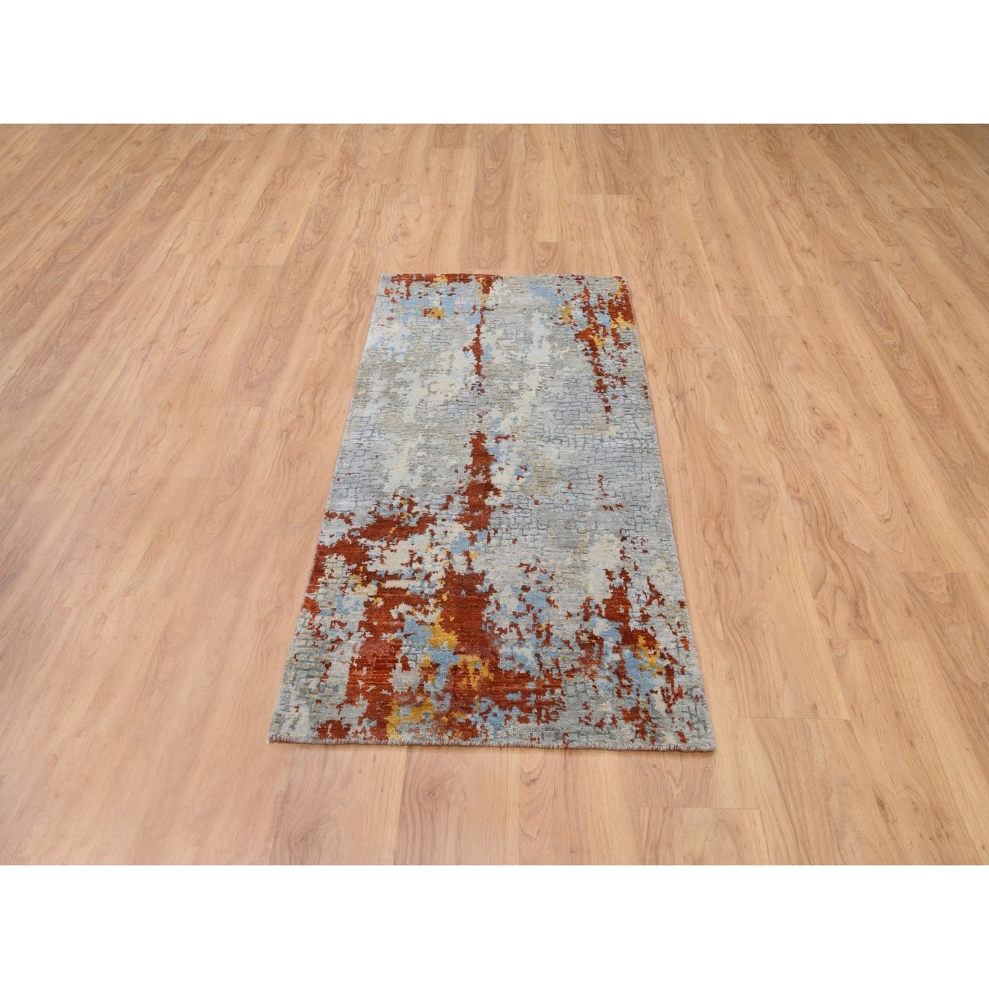 2'6"X5'10" Wool And Silk Abstract Fire Mosaic Design Hand Knotted Rug