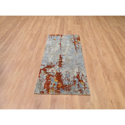 2'6"X5'10" Wool And Silk Abstract Fire Mosaic Design Hand Knotted Rug
