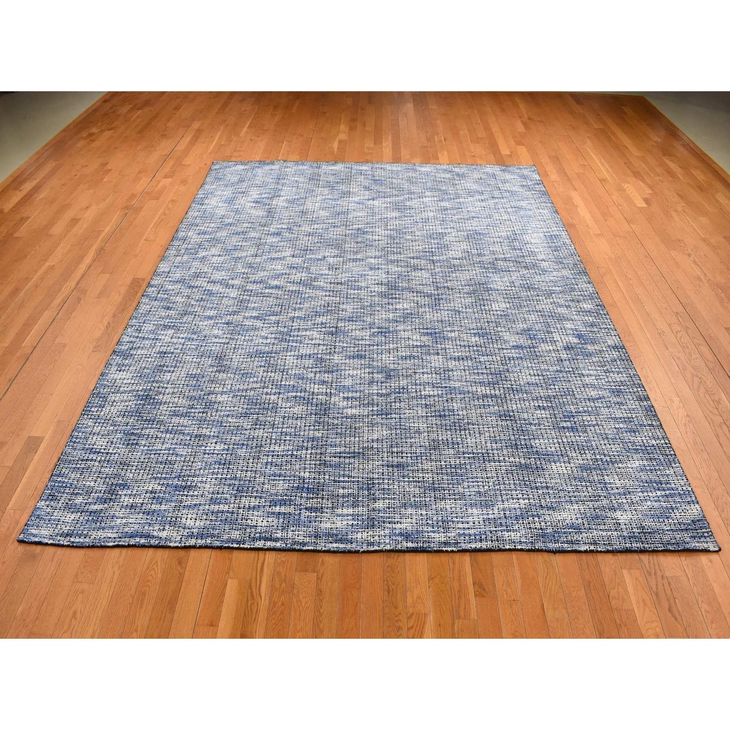 9'2"X12' Steel Blue Modern Fence Design Wool And Art Silk Hand Loomed Rug