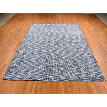 9'2"X12' Steel Blue Modern Fence Design Wool And Art Silk Hand Loomed Rug