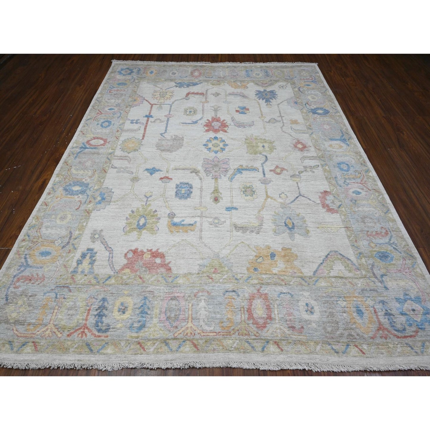 7'10"X9'9" Silver Gray Hand Knotted Afghan Angora Oushak Oriental Rug