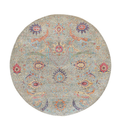 8'10"X8'10" Tan Round Sickle Leaf Design Silk With Wool Hand Knotted Rug