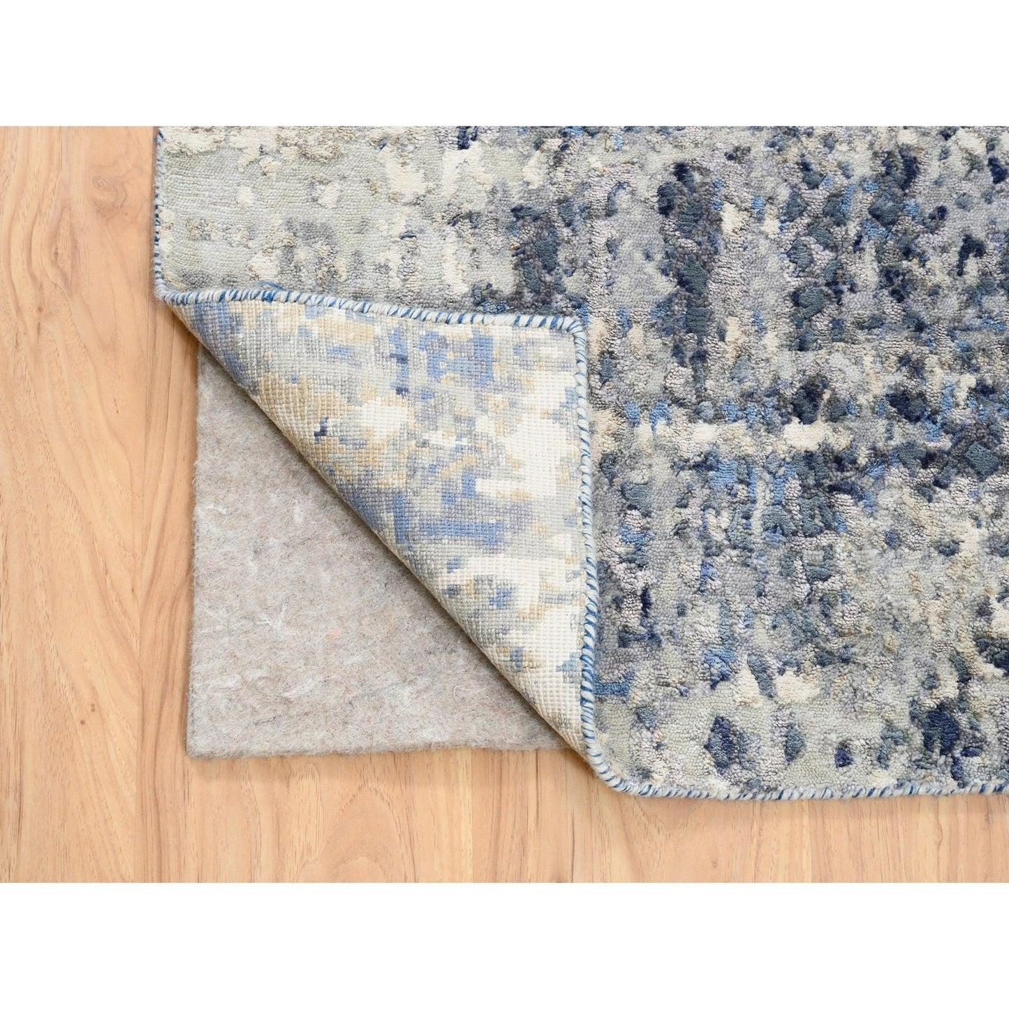 2'5"x10' Blue Abstract With Mosaic Design Wool And Silk Hand Knotted Rug