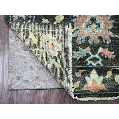 3'3"X11'6" Black Angora Oushak Leaf Design Hand Knotted Wool Runner Rug
