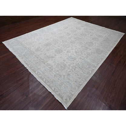 9'2"X11'10" White Washed Out Peshawar Leaf Design Hand Knotted Wool Rug