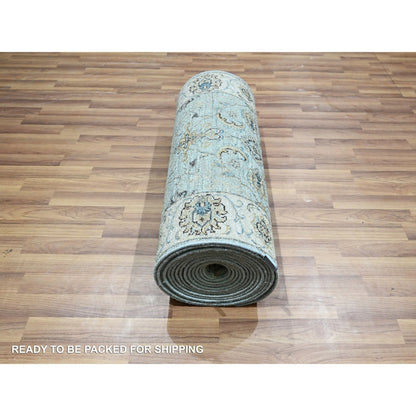 2'6"X25'7" Crystal Blue Pure Wool Vines Design Hand Knotted Xl Runner Rug