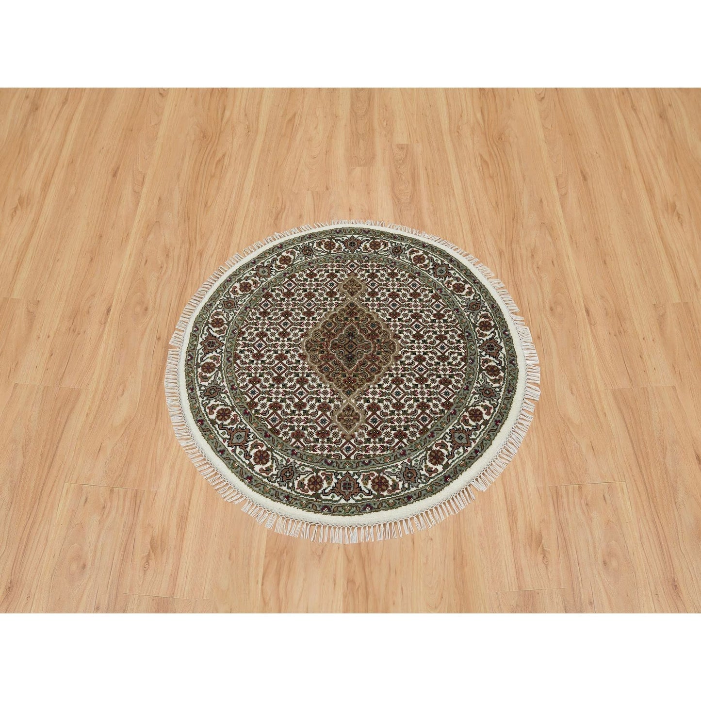 3'4"X3'4" White Wool Hand Knotted Mahi Fish Medallion Kpsi Round Rug