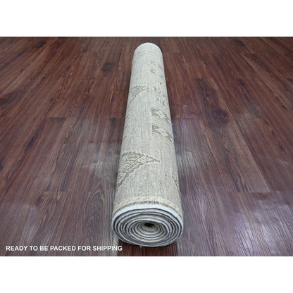 4'X11'9" Gray Geometric Berber Influence All Wool Hand Knotted Runner Rug