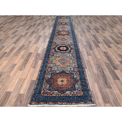 2'8"X15'4" Blue Hand Knotted Mamluk Dynasty Wool Xl Runner Oriental Rug