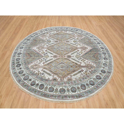 9'9"X9'9" Ivory Hand Knotted Flower Rosettes Border Round Oriental Rug