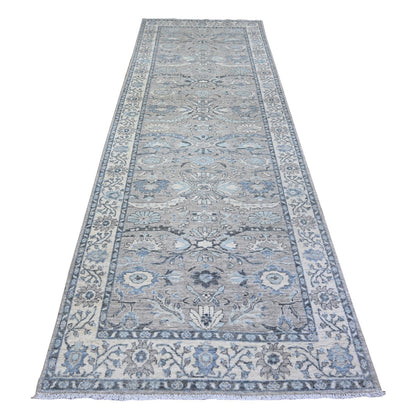 4'X12' Upward Gray Wool Sickle Leaf Design Wide Runner Hand Knotted Rug