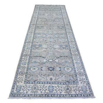 4'X12' Upward Gray Wool Sickle Leaf Design Wide Runner Hand Knotted Rug