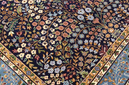 Handmade Extra Fine Kirman Oriental Rug Navy Blue Floral Classic Design 6X8 Ft