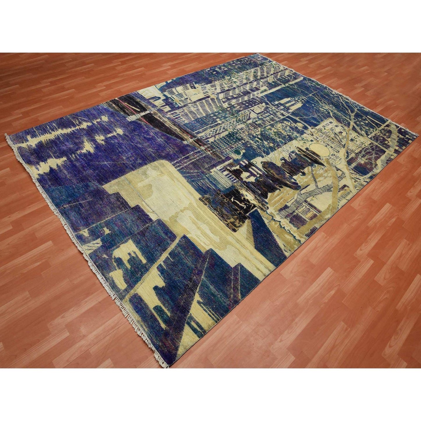 8'8"x12'1" Blue The Empire State Building Silk & Wool Hand Oriental Rug
