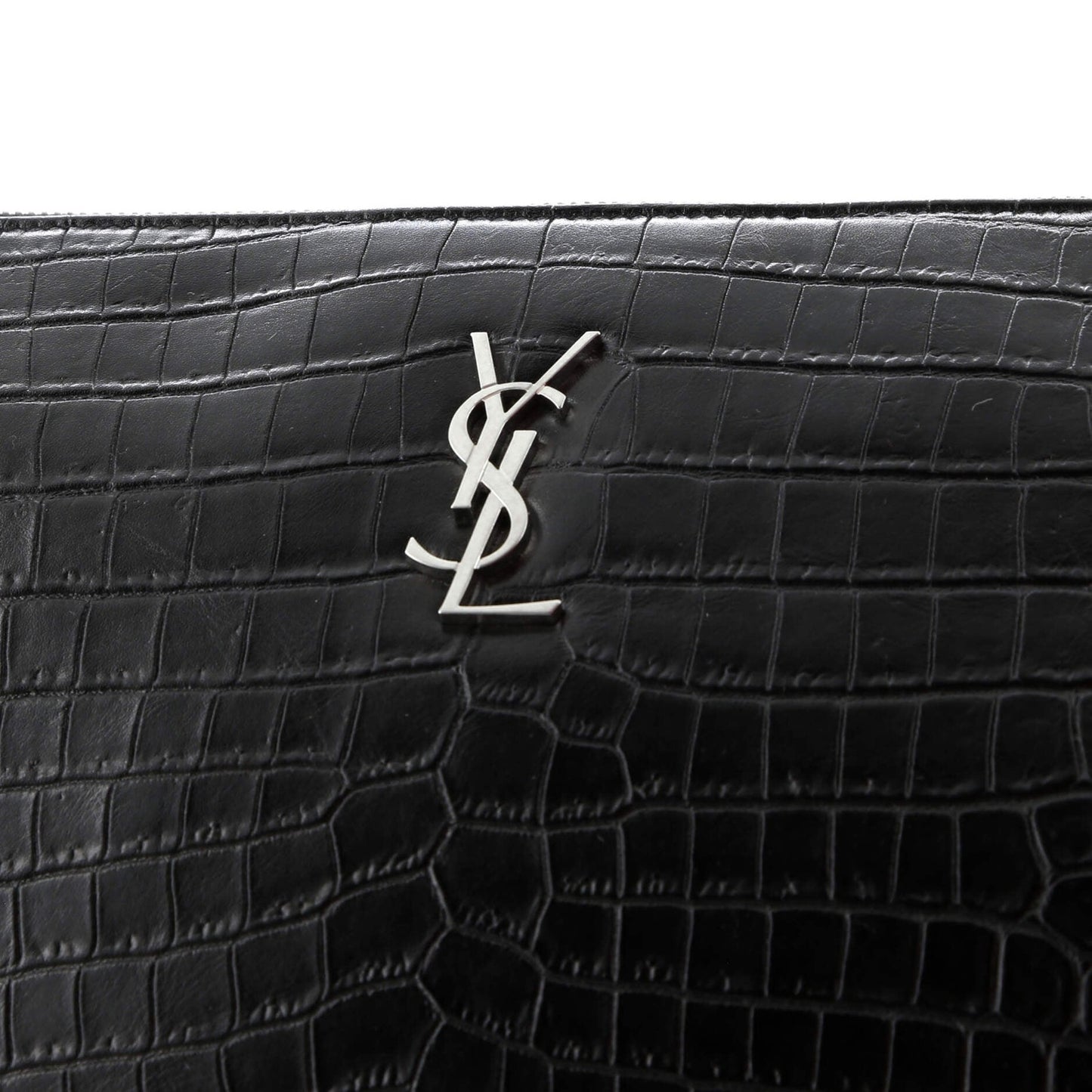 Saint Laurent Classic Monogram Tablet Wristlet Pouch Crocodile Embossed Leather