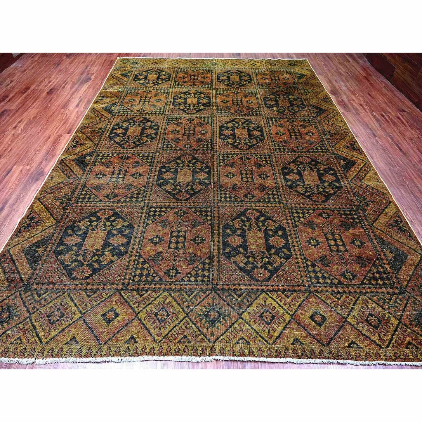 8'10"X12'2" Brown Overdyed Afghan Block Design Hand Knotted Pure Wool Rug