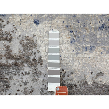 2'9"X9'8" Gray Abstract Design Wool And Silk Runner Hand Knotted Rug
