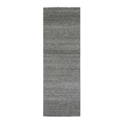 4'1"X12'1" Gray Grass Design Undyed Wool Hand Knotted Wide Runner Rug