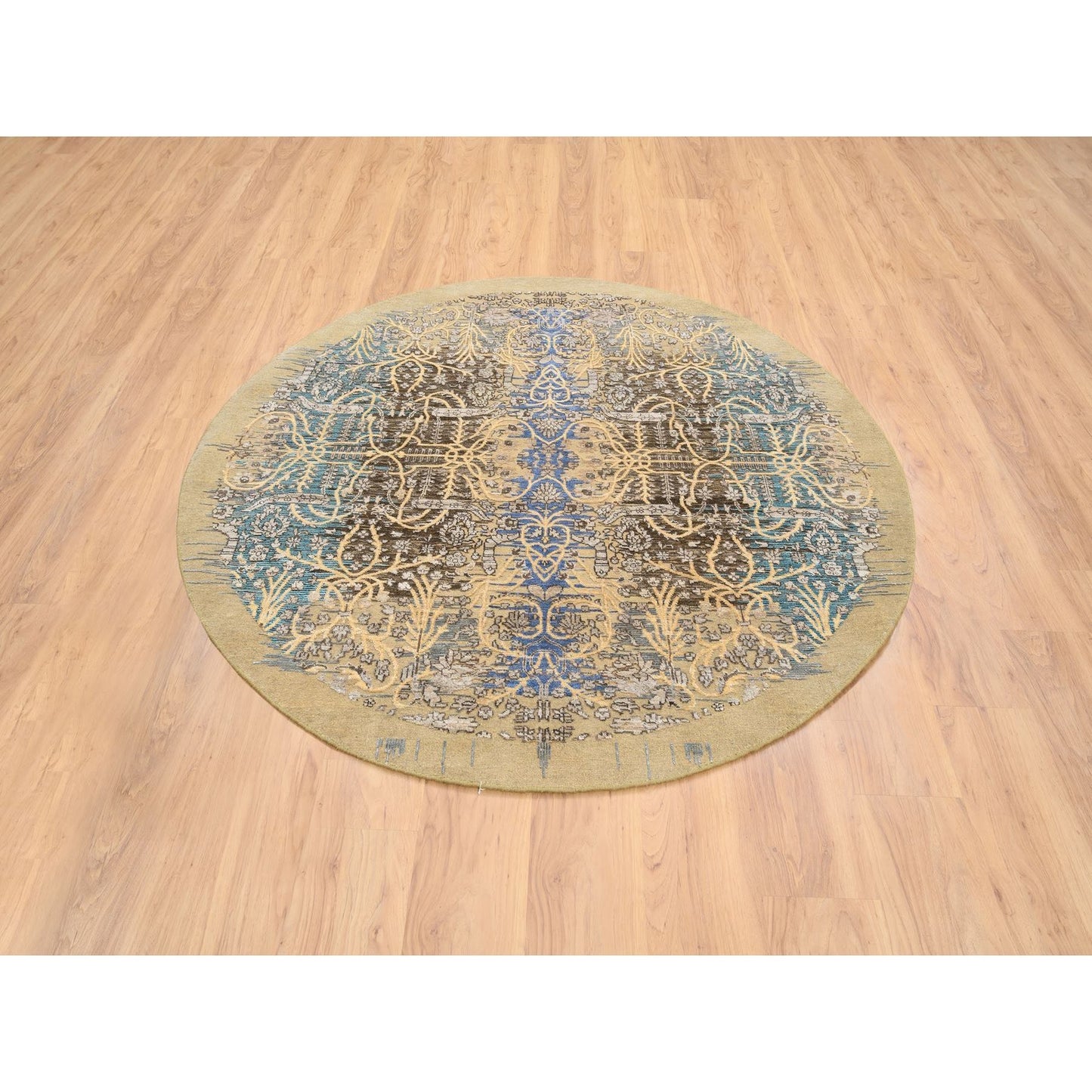 6'X6' Gold Brown Saroogh Silk With Wool Hand Knotted Round Rug