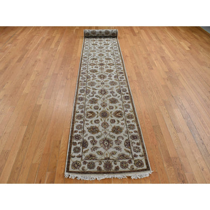 2'7"X16' Bone White Wool And Silk Rajasthan Hand Knotted Xl Runner Rug