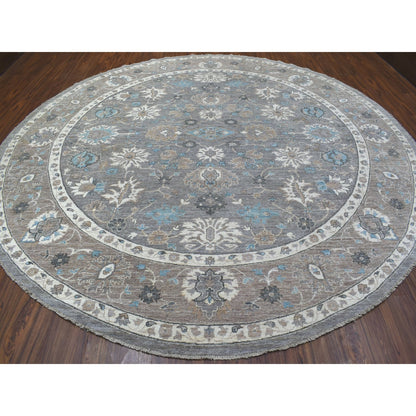12'X12' Hand Knotted Soft Wool Fine Peshawar Silver Gray Round Rug