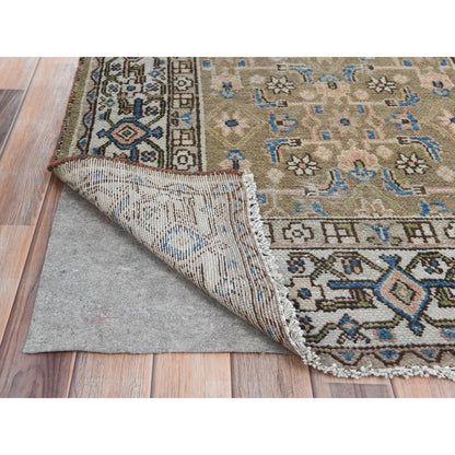 Green Worn Wool Hand Knotted Vintage Farsian Amadan Wide Runner Rug