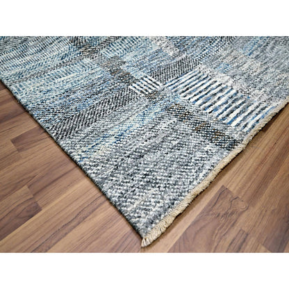 9'X12'1" Barely Blue Modern Geometric Plaid Design Wool Hand Knotted Rug