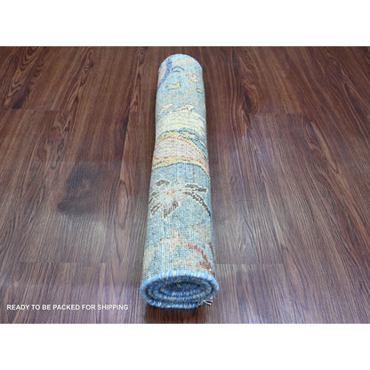 2'1"X3'1" Blue All Wool Afghan Peshawar Birds Design Hand Knotted Mat Rug