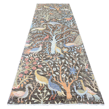 4'X12' Carbon Gray Peshawar Birds Design Hand Knotted All Wool Runner Rug