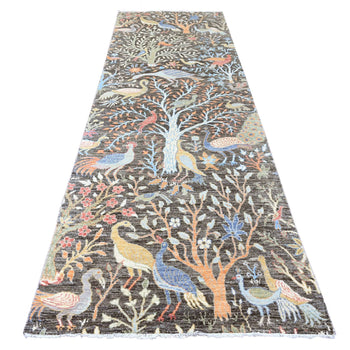 4'X12' Carbon Gray Peshawar Birds Design Hand Knotted All Wool Runner Rug