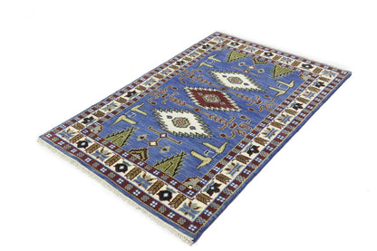 Hand-Knotted Kazak Oriental Rug 4X6 Ft Blue