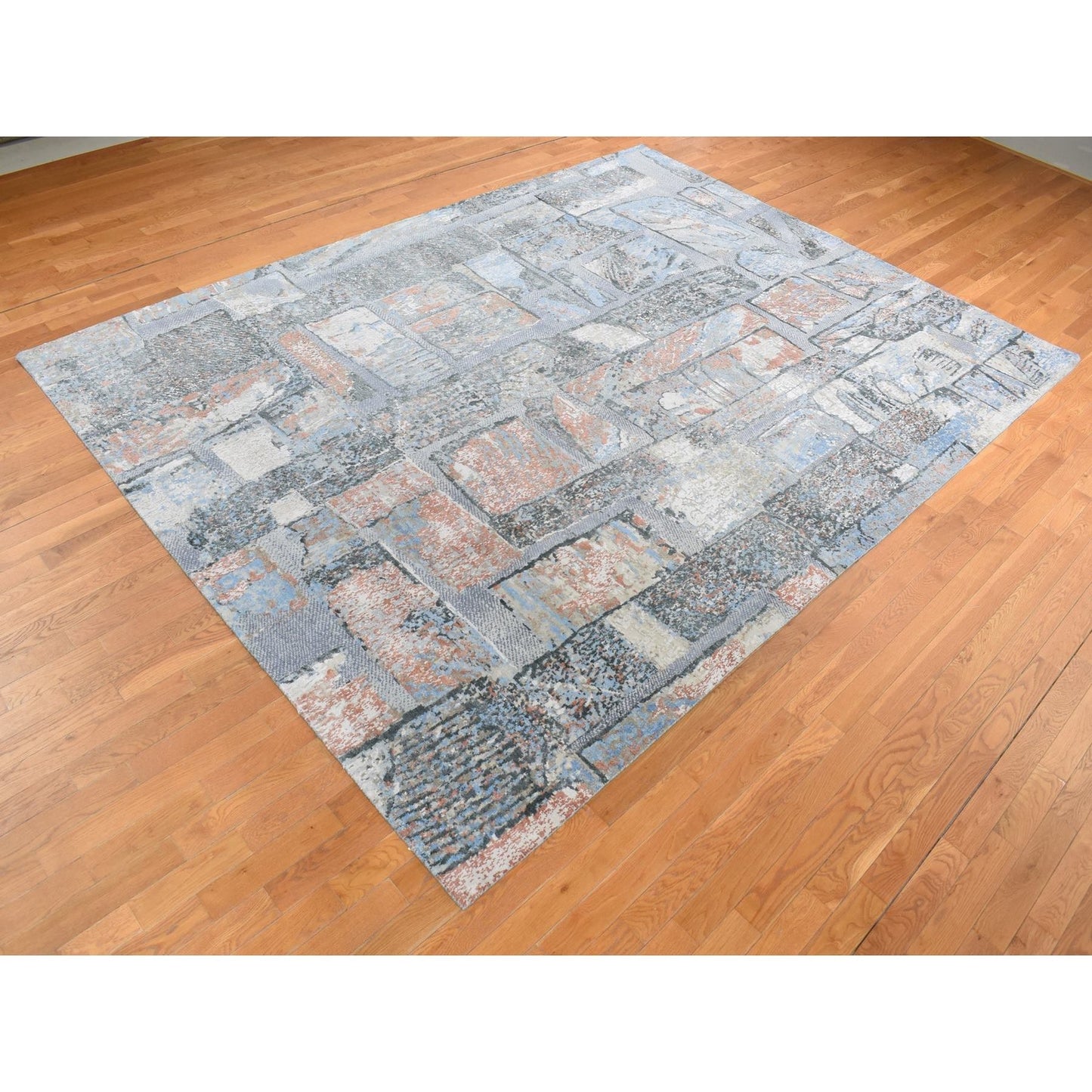 9'X12'2" Blue Modern Brick Design Hand Knotted Wool And Silk Rug
