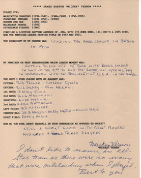 Mickey Vernon Autographed Hand Filled Out Survey Page (Jsa)
