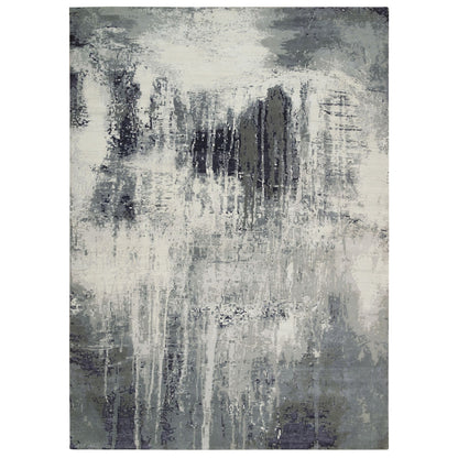 10'1"X14'1" Black Hand Knotted Modern Abstract Design Wool And Silk Rug