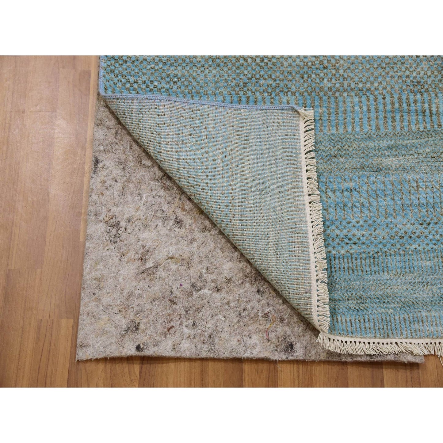2'6"X16'3" Blue Hand Knotted Wool And Silk Grass Design Xl Runner Rug