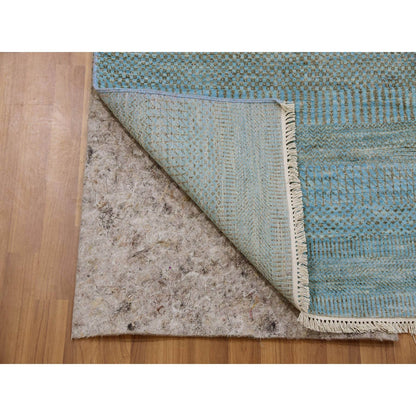2'6"X16'3" Blue Hand Knotted Wool And Silk Grass Design Xl Runner Rug