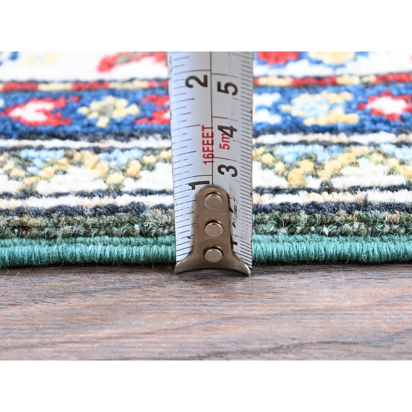 2'8"X6'5" Green Kazak With Geometric Design Wool Hand Knotted Runner Rug