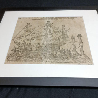 Sebastian Munster Woodcut 1628 Ship Of Emperor Charles V Rare Antique Print