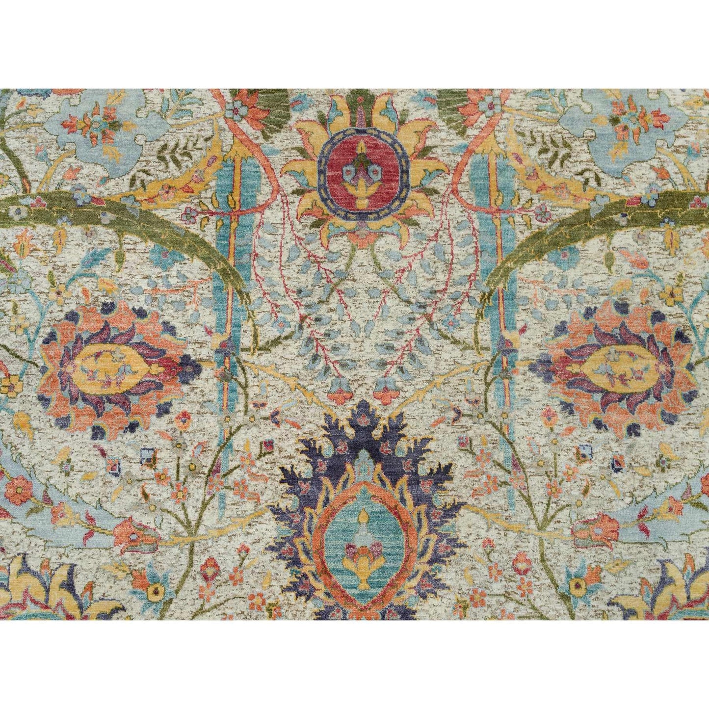 10'X10' Birch Tan Hand Knotted Silk And Wool Sickle Leaf Design Round Rug