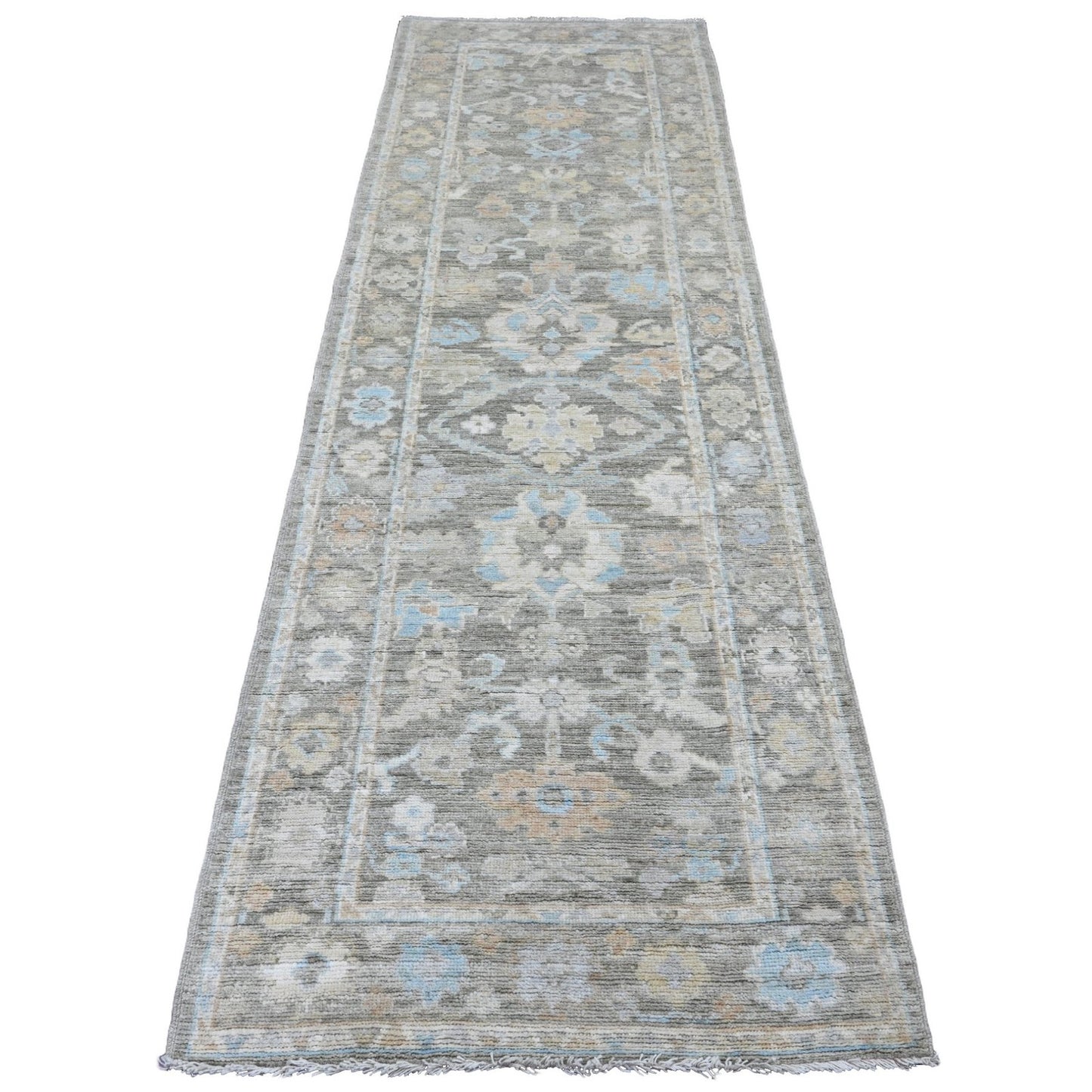 3'X9'8" Gray Hand Knotted Afghan Angora Oushak Leaf Motif Wool Runner Rug