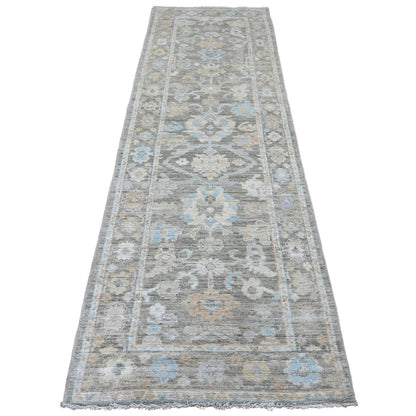 3'X9'8" Gray Hand Knotted Afghan Angora Oushak Leaf Motif Wool Runner Rug