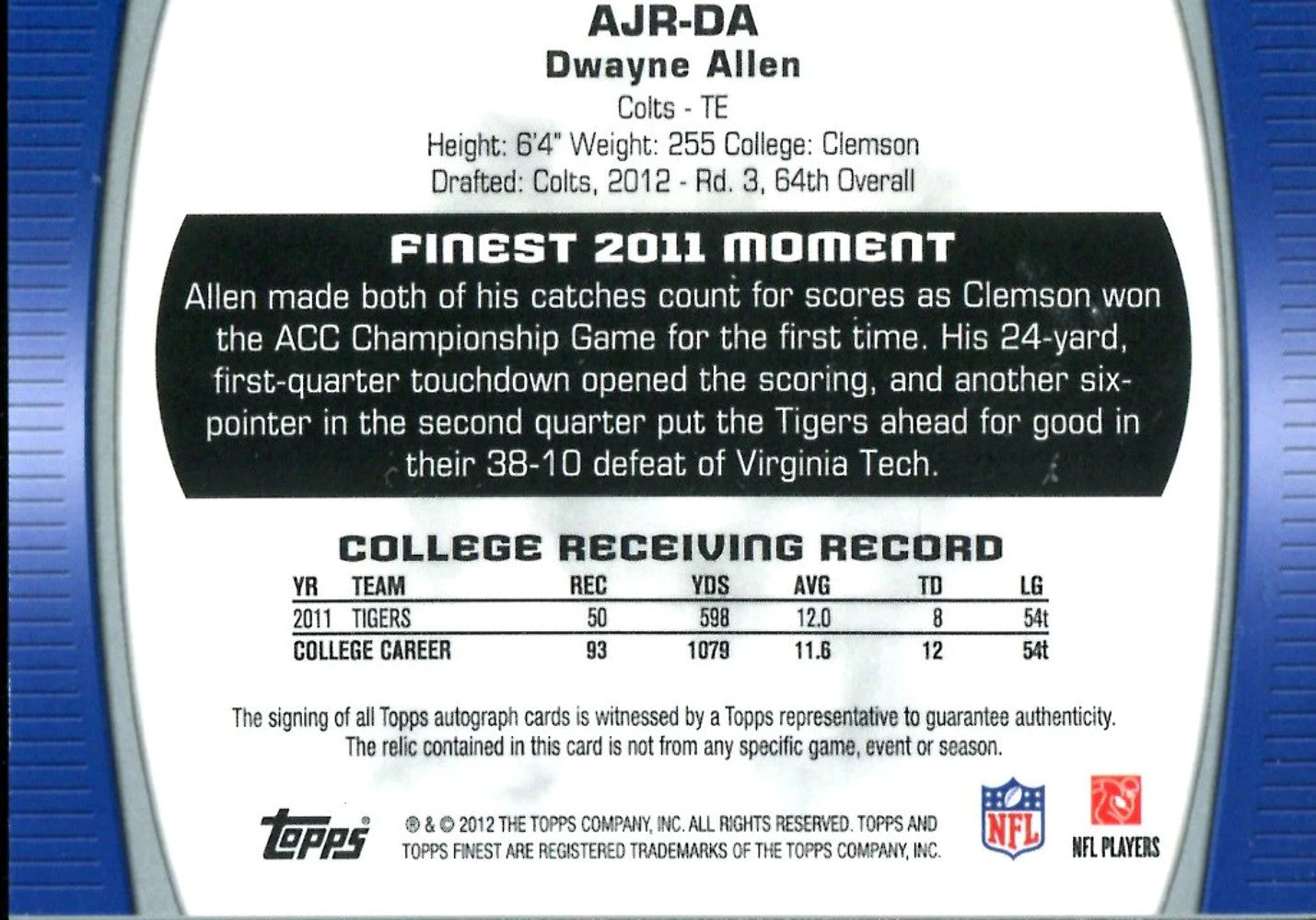 Dwayne Allen 2012 Topps Autographed Card/Game Worn Jersey #23/25