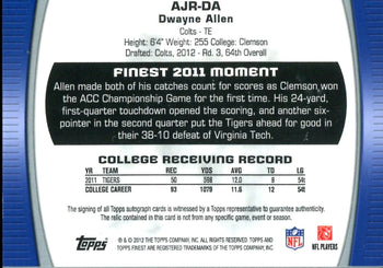 Dwayne Allen 2012 Topps Autographed Card/Game Worn Jersey #23/25